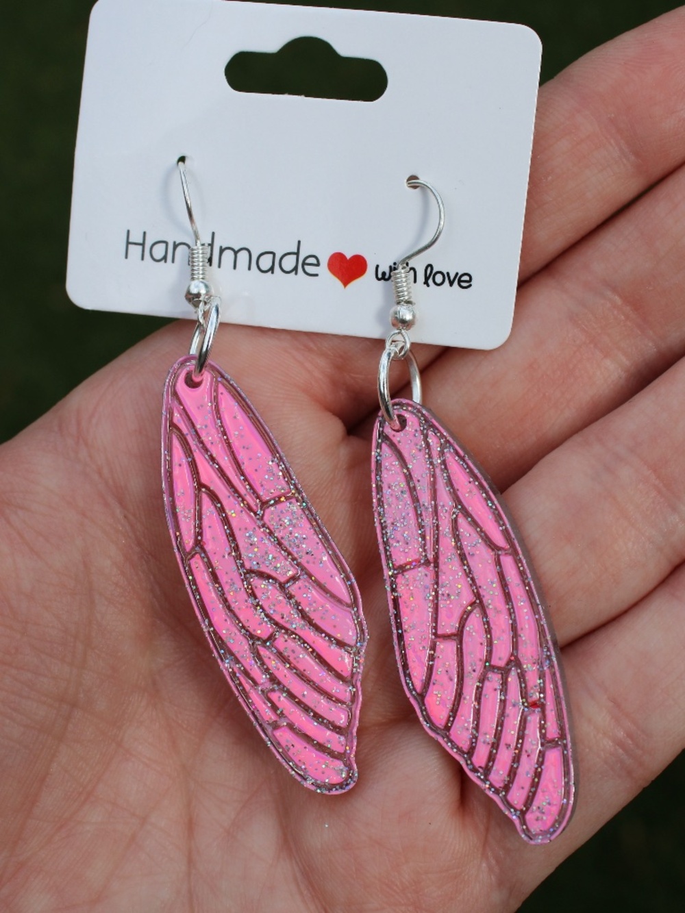 Pink Glitter Wing Dangle Earrings Sparkly Fairy Summer Jewelry